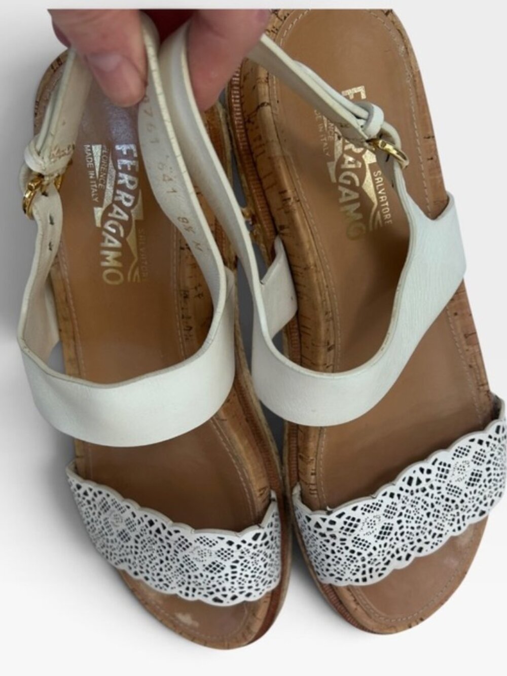 Salvatore Ferragamo Florence Italy laser cut leather espadrille sandals 8.5